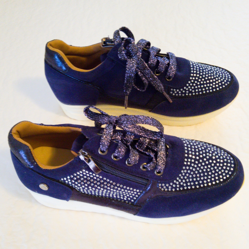 Blue and White Sneakers with Suede Finish and Sparkling Details